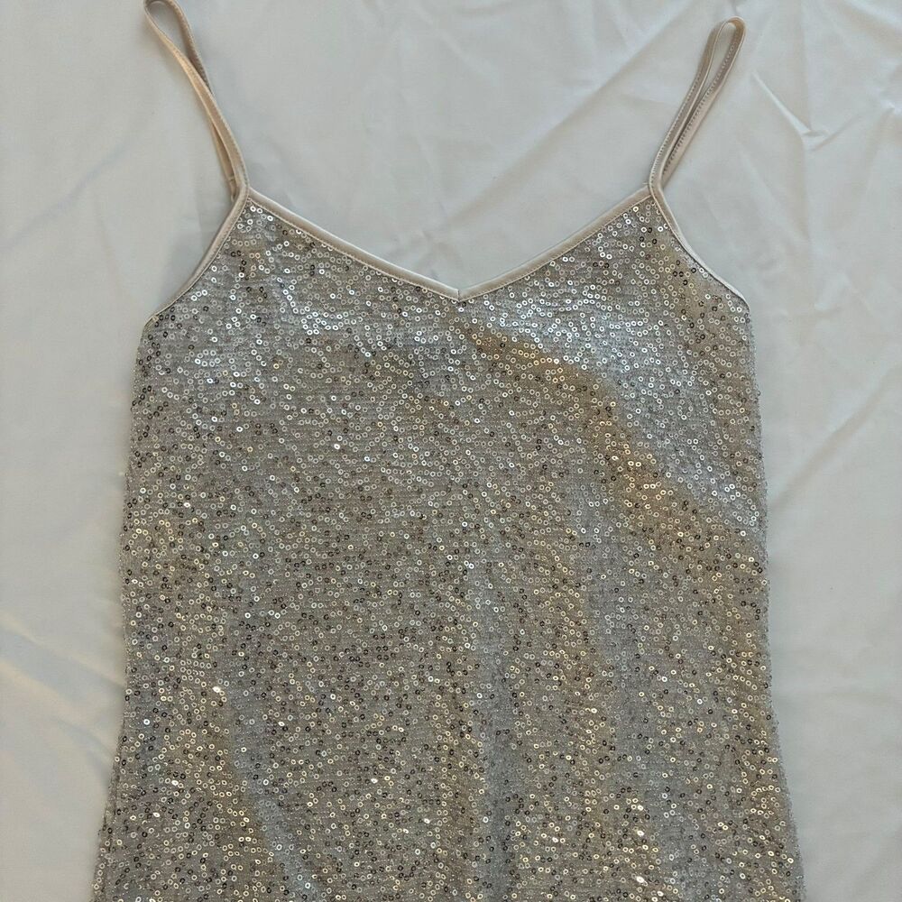 Grey sequin Express cami top with spaghetti straps, size Small Petite (S/P)